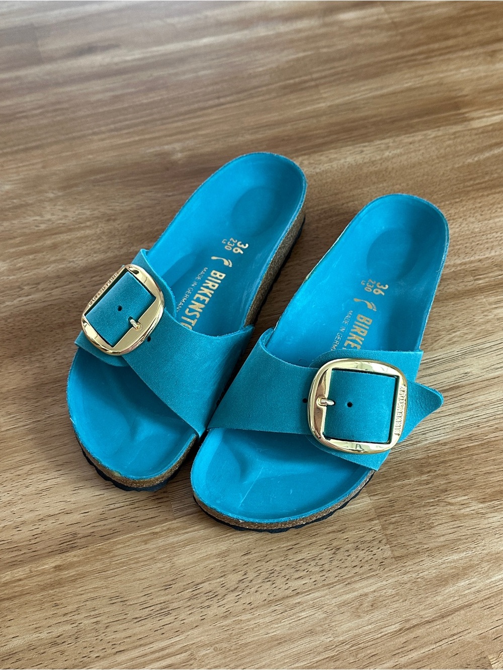 Birkenstock Women’s Madrid Slide Sandals in Turquoise with Gold Buckles